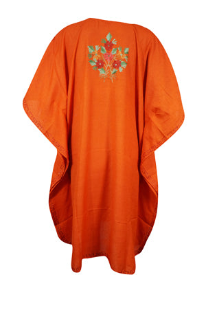 Womens Orange Caftan Dress, Cotton Embroidered Leisure Wear, Hostess Dresses, L-2X