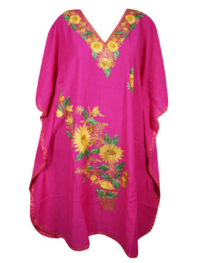 Womens Pink Caftan Dress, Cotton, Embroidered Oversized Tunic Dresses L-2X