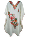 Women Short Kaftan Dress White Cotton Embroidered, Oversized Tunic, Leisure Wear L-2X