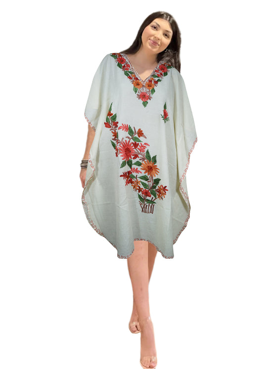 Women Short Kaftan Dress White Cotton Embroidered, Oversized Tunic, Leisure Wear L-2X