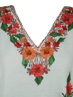 Women Short Kaftan Dress White Cotton Embroidered, Oversized Tunic, Leisure Wear L-2X