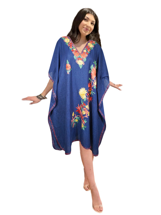 Womens Blue Caftan Dress, Embroidered, Butterfly Sleeves, Cruise Kaftan Short Dress L-2X