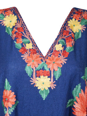 Womens Blue Caftan Dress, Embroidered, Butterfly Sleeves, Cruise Kaftan Short Dress L-2X