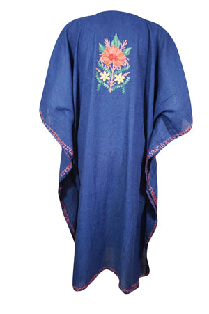 Womens Blue Caftan Dress, Embroidered, Butterfly Sleeves, Cruise Kaftan Short Dress L-2X