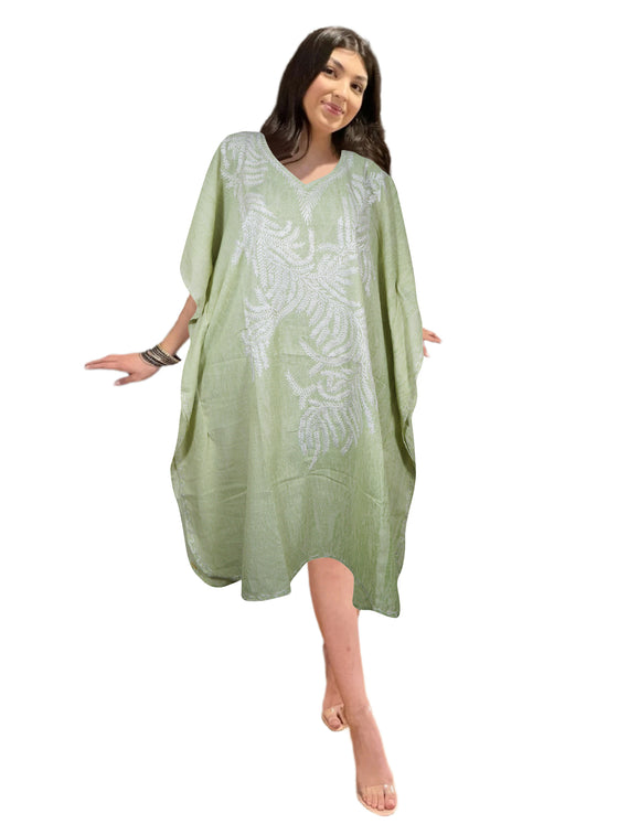 Mint green Kaftan, Cotton Embroidered Leisure Wear, Short Kimono Caftan Dresses L-2X