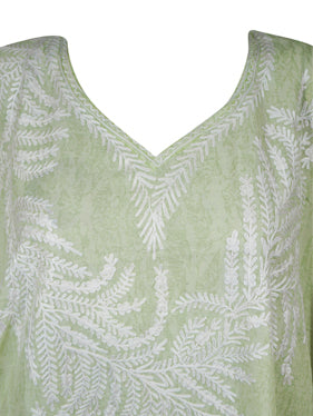 Mint green Kaftan, Cotton Embroidered Leisure Wear, Short Kimono Caftan Dresses L-2X