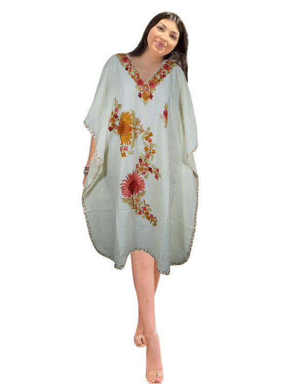 Women's White Muumuu Caftan Midi Dress Embroidered Kimono Dress L-2X