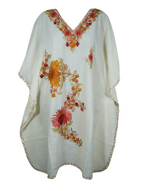 Women's White Muumuu Caftan Midi Dress Embroidered Kimono Dress L-2X