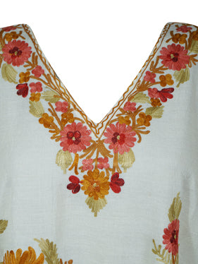 Women's White Muumuu Caftan Midi Dress Embroidered Kimono Dress L-2X