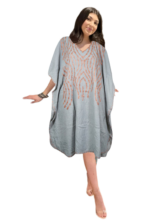 Women columbia blue Cotton Embroidered Leisure Wear, Short Kimono Caftan Dresses L-2X