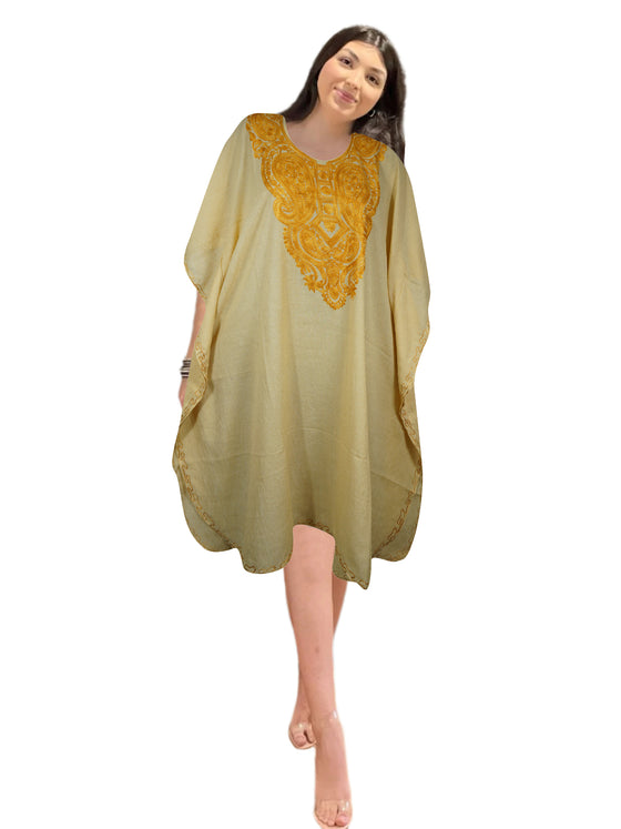 Womens Peach Short Caftan Dress, Cotton, Embroidered Oversized Tunic Dresses L-2X