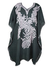 Women's Mid Night Black Muumuu Caftan Short Dress, Embroidered Kimono Dress L-2X