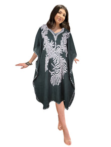  Women's Mid Night Black Muumuu Caftan Short Dress, Embroidered Kimono Dress L-2X