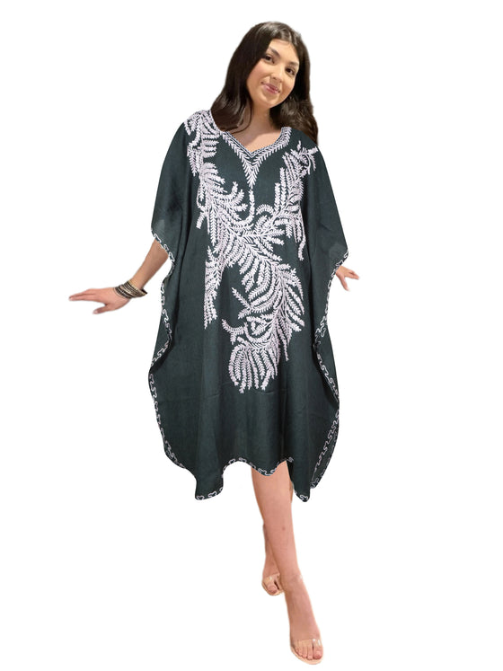 Women's Mid Night Black Muumuu Caftan Short Dress, Embroidered Kimono Dress L-2X
