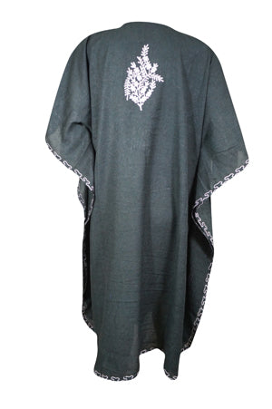 Women's Mid Night Black Muumuu Caftan Short Dress, Embroidered Kimono Dress L-2X