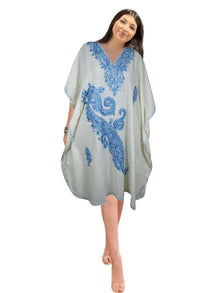  Women's White Blue Muumuu Caftan Midi Dress Embroidered Kimono Dresses L-2X