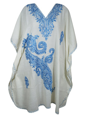 Women's White Blue Muumuu Caftan Short Dress, Embroidered Kimono Dresses L-2X