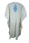 Women's White Blue Muumuu Caftan Short Dress, Embroidered Kimono Dresses L-2X
