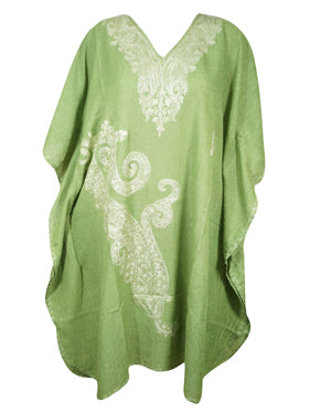 Women Mint green Cotton Embroidered Leisure Wear, Short Kimono Caftan Dresses L-2X