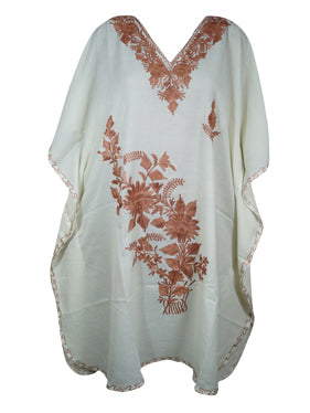 Womens White Short Caftan Dress, Cotton, Embroidered Oversized Tunic Dresses L-2X