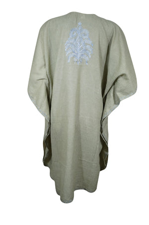 Women White Cotton Embroidered Leisure Wear, Short Kimono Caftan Dresses L-2X