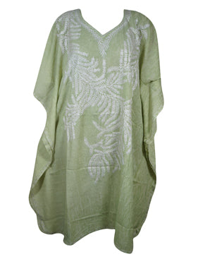 Womens Mint Green Caftan Dress, Cotton, Embroidered Oversized Tunic Dresses L-2X