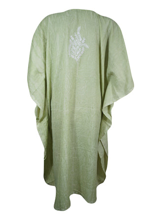 Womens Mint Green Caftan Dress, Cotton, Embroidered Oversized Tunic Dresses L-2X