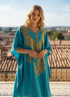 Women’s Sea Blue Cotton Embroidered Midi Kaftan Dress L-2X