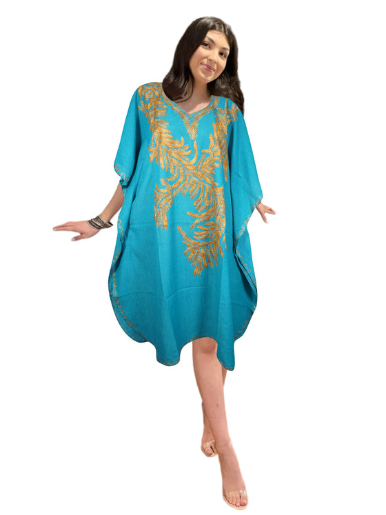 Women Midi Kaftan Dress Sea Blue Cotton Embroidered, Oversized Tunic, Leisure Wear L-2X