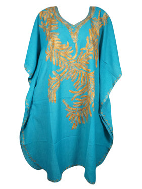 Women Midi Kaftan Dress Sea Blue Cotton Embroidered, Oversized Tunic, Leisure Wear L-2X