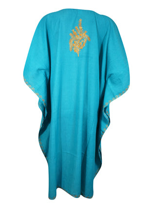 Women Midi Kaftan Dress Sea Blue Cotton Embroidered, Oversized Tunic, Leisure Wear L-2X