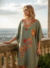 Women’s Gray Cotton Midi Kimono Caftan Dress | Embroidered Leisure Wear  L-2X