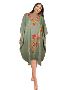  Women Gray Midi Kimono Caftan Dresses Cotton Embroidered Leisure Wear  L-2X
