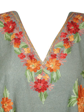 Women Gray Midi Kimono Caftan Dresses Cotton Embroidered Leisure Wear  L-2X