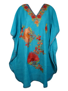  Women Short Kaftan Dress, Sea Blue Cotton Embroidered, Oversized Tunic, Leisure Wear L-2X