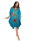 Women Midi Kaftan Dress Sea Blue Cotton Embroidered Oversized Tunic Leisure Wear L-2X