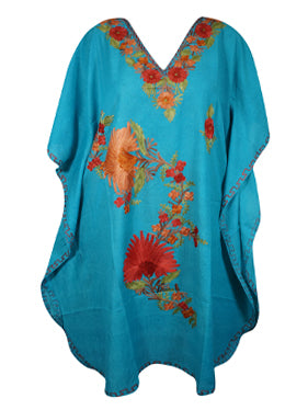 Women Midi Kaftan Dress Sea Blue Cotton Embroidered Oversized Tunic Leisure Wear L-2X