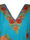 Women Midi Kaftan Dress Sea Blue Cotton Embroidered Oversized Tunic Leisure Wear L-2X