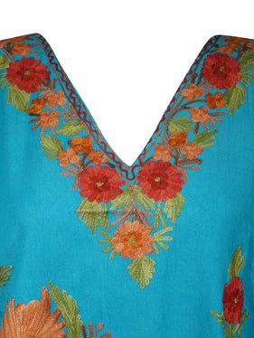 Women Midi Kaftan Dress Sea Blue Cotton Embroidered Oversized Tunic Leisure Wear L-2X