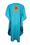 Women Short Kaftan Dress, Sea Blue Cotton Embroidered, Oversized Tunic, Leisure Wear L-2X