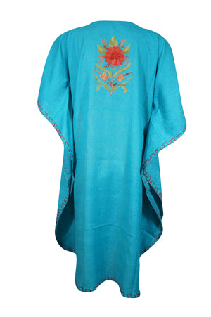 Women Midi Kaftan Dress Sea Blue Cotton Embroidered Oversized Tunic Leisure Wear L-2X