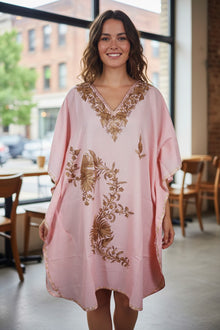  Womens Pink Caftan Dress, Embroidered, Butterfly Sleeves, Cruise Kaftan Short Dress L-2X