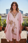 Womens Pink Caftan Dress, Embroidered, Butterfly Sleeves, Cruise Kaftan Short Dress L-2X