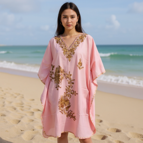Womens Pink Caftan Dress, Embroidered, Butterfly Sleeves, Cruise Kaftan Short Dress L-2X