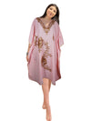 Womens Pink Caftan Dress, Embroidered, Butterfly Sleeves, Cruise Kaftan Short Dress L-2X