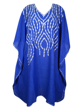 Womens Blue Caftan Dress, Embroidered, Butterfly Sleeves, Cruise Kaftan Short Dress L-2X