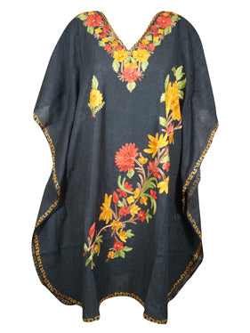 Womens Butterfly Sleeves Black Caftan Dress, Embroidered Cruise Kaftan Short Dress L-2X