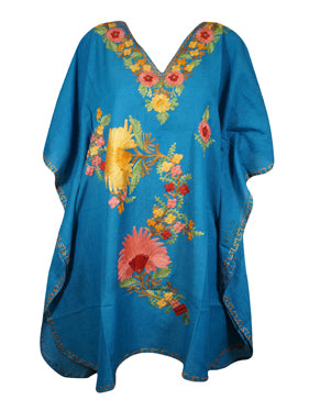 Womens Blue Caftan Dress, Embroidered, Butterfly Sleeves, Cruise Kaftan Short Dress L-2X