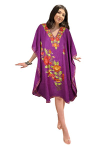  Women Midi Kaftan Dress Purple Cotton Embroidered, Oversized Tunic, Leisure Wear L-2X