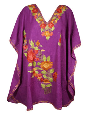 Women Short Kaftan Dress, Purple Cotton Embroidered, Oversized Tunic, Leisure Wear L-2X